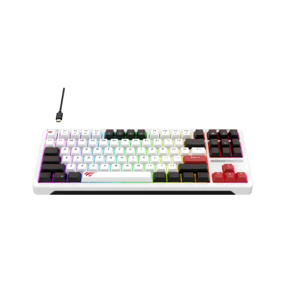 Havit KB902L 88-klahviline mehaaniline RGB taustvalgustusega mänguriklaviatuur, eemaldatav USB-kaabel, must/punane/valge, 368x144x45 mm – 5