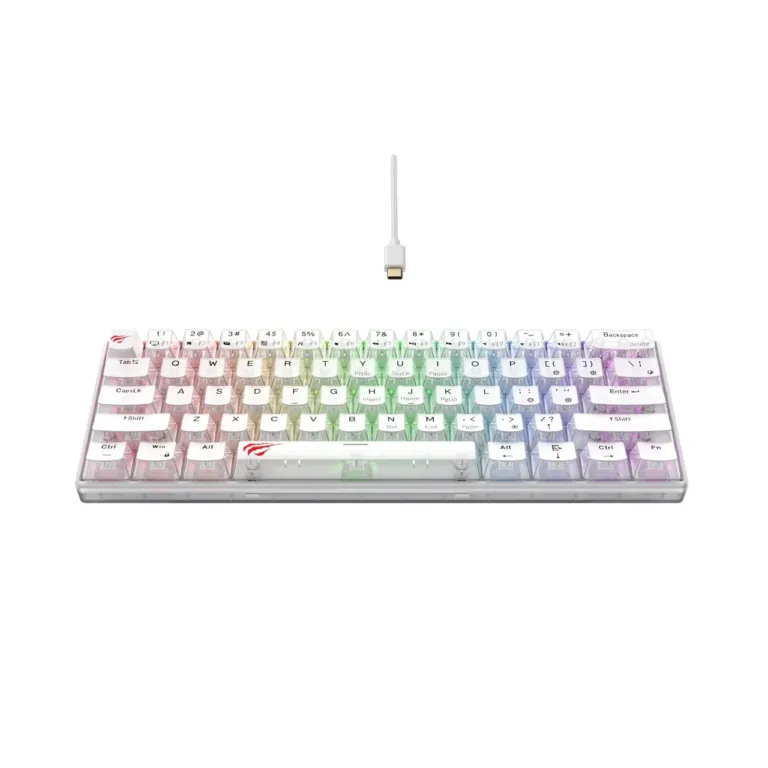 Havit KB903Lwt 61-klahviline 291x101x39 mm RGB LED-taustvalgustusega QWERTY juhtmega USB mänguriklaviatuur, läbipaistev valge