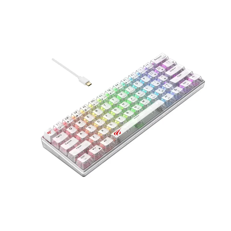 Havit KB903Lwt 61-klahviline 291x101x39 mm RGB LED-taustvalgustusega QWERTY juhtmega USB mänguriklaviatuur, läbipaistev valge