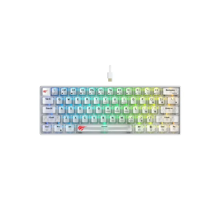 Havit KB903Lwt 61-klahviline 291x101x39 mm RGB LED-taustvalgustusega QWERTY juhtmega USB mänguriklaviatuur, läbipaistev valge