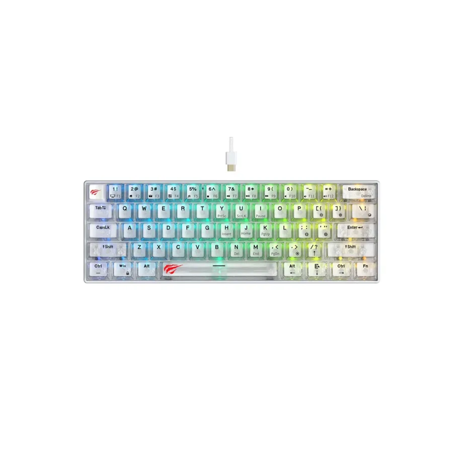 Havit KB903Lwt 61-klahviline 291x101x39 mm RGB LED-taustvalgustusega QWERTY juhtmega USB mänguriklaviatuur, läbipaistev valge – 6