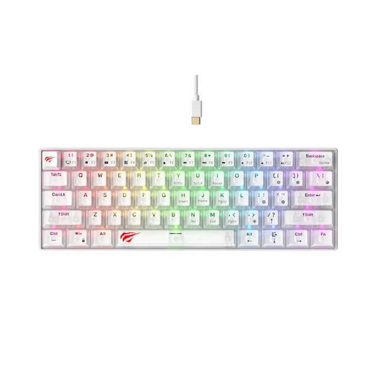 Havit KB903Lwt 61-klahviline 291x101x39 mm RGB LED-taustvalgustusega QWERTY juhtmega USB mänguriklaviatuur, läbipaistev valge