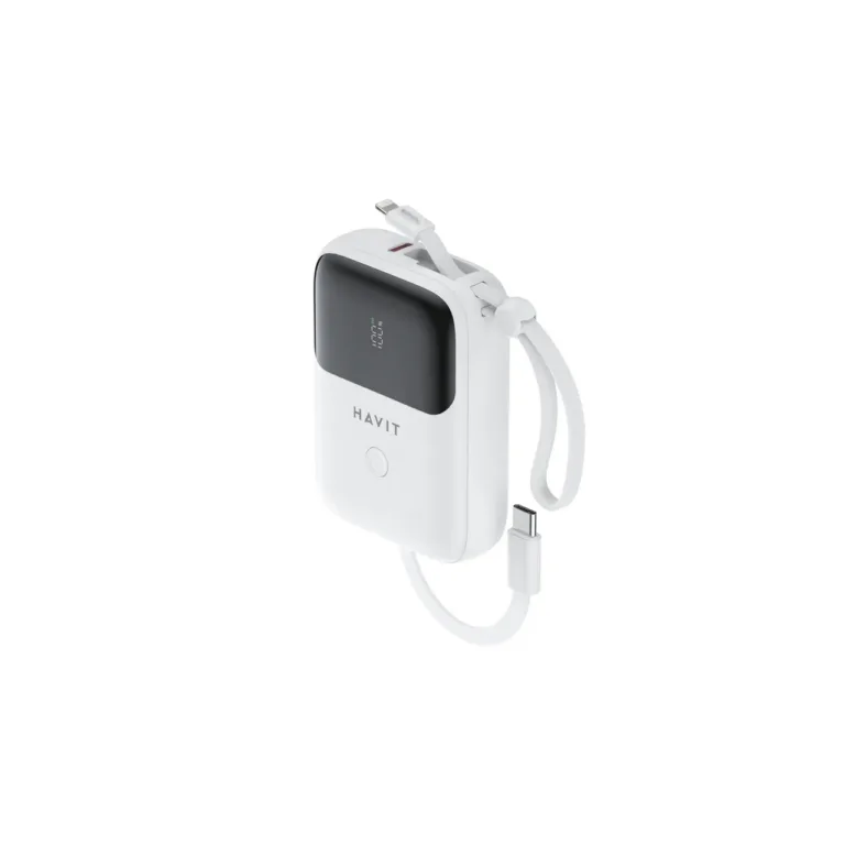 Havit PB5215 10000mAh valge universaalne LiPo akupank USB-C, Lightningi ja LED-indikaatoriga
