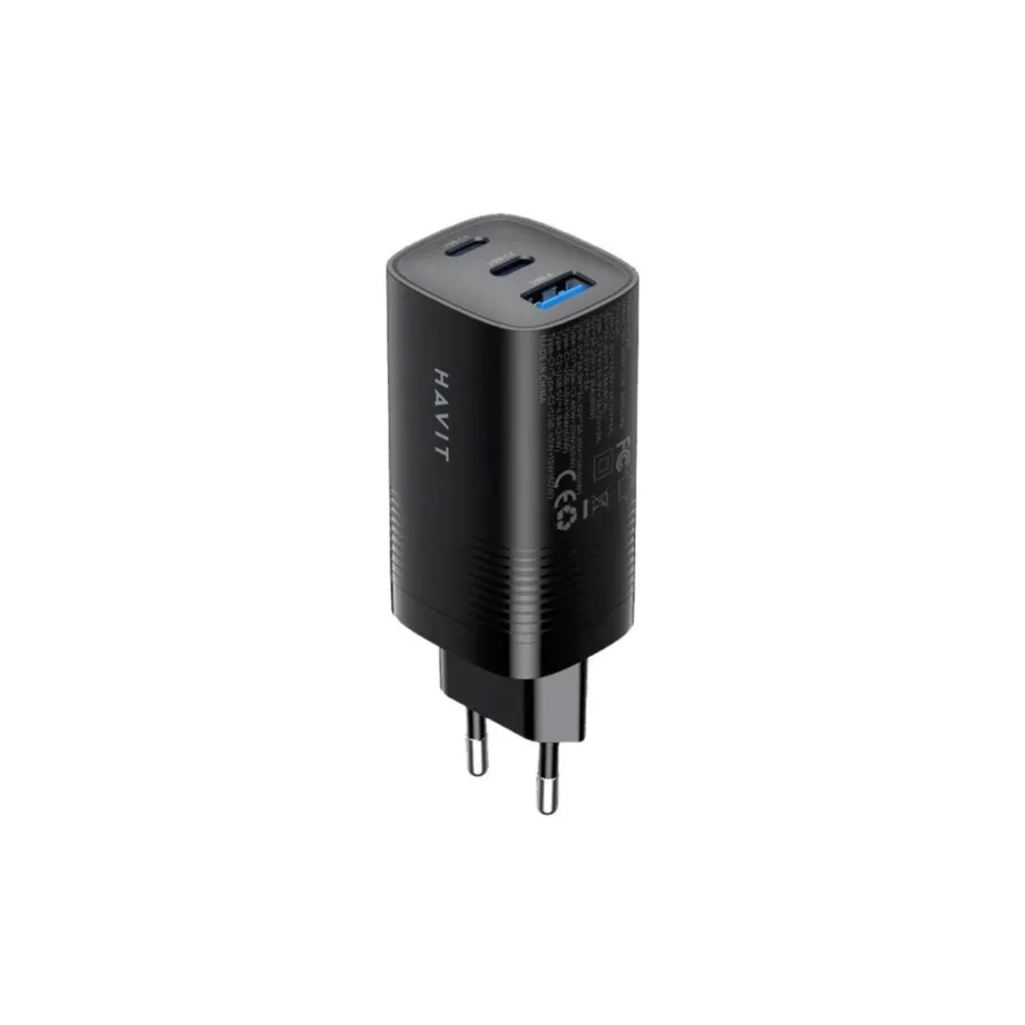 Havit UC20 GaN 65W 2x USB-C + USB-A kolme pordiga must reisilaadija, universaalse ühilduvusega