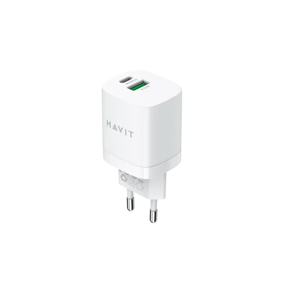 Havit UC30 EU 33W valge GaN kahe USB-laadijaga kiirlaadija, 1x USB-C, 1x USB-A, ülepinge- ja ülekuumenemiskaitse - 3