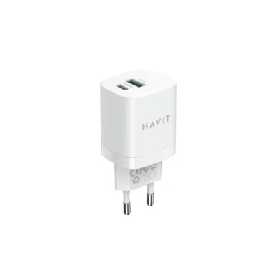 Havit UC30 EU 33W valge GaN kahe USB-laadijaga kiirlaadija, 1x USB-C, 1x USB-A, ülepinge- ja ülekuumenemiskaitse