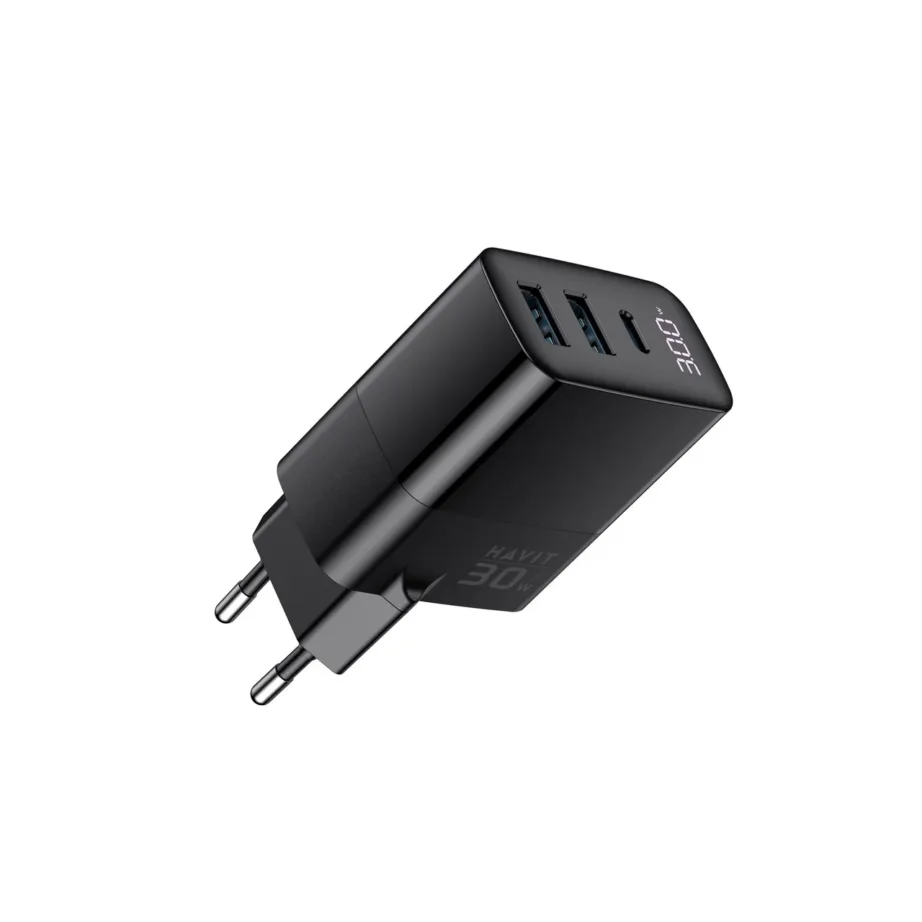 Havit UCLE001 EU 30W must GaN kiirlaadijaga USB-C ja 2x USB-A seinalaadija ülepinge- ja ülekuumenemiskaitsega – 5
