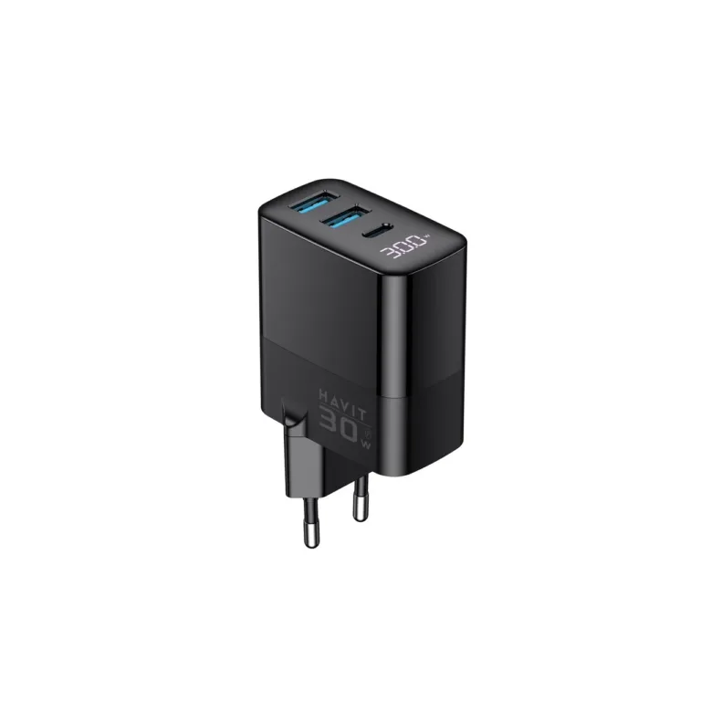 Havit UCLE001 EU 30W must GaN kiirlaadijaga USB-C ja 2x USB-A seinalaadija ülepinge- ja ülekuumenemiskaitsega