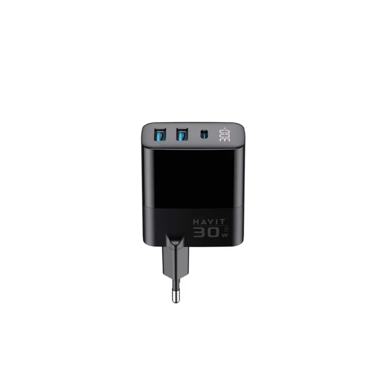 Havit UCLE001 EU 30W must GaN kiirlaadijaga USB-C ja 2x USB-A seinalaadija ülepinge- ja ülekuumenemiskaitsega