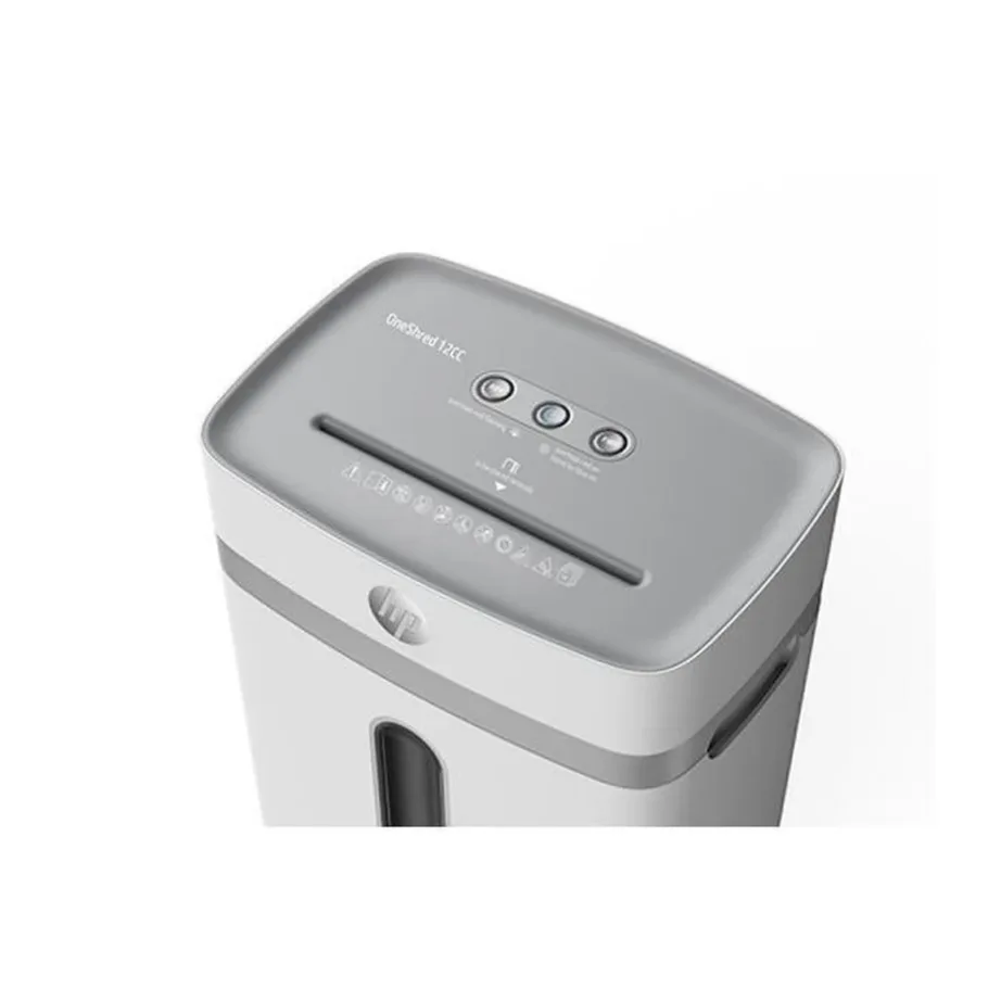 Hewlett-Packard HP ONESHRED 12CC 23L 12-leheline mikrolõikega paberihunt, P-4 turbe, 4×35 mm, käsitsitoitega, kirjaklambrite ja krediitkaartide hävitusvõimalusega, helehall – 3