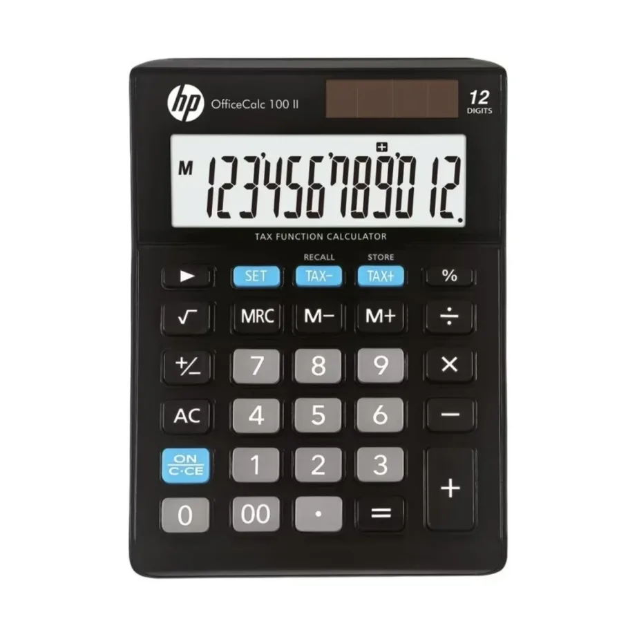 Hewlett-Packard HPKOC100II 12-kohaline must taskukalkulaator, 29 nupuga, päikese/patarei toitega, 147x103x28 mm