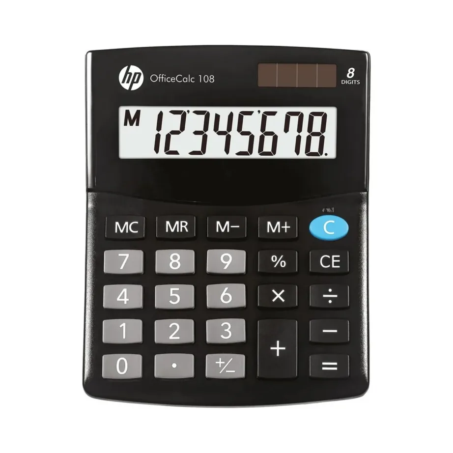 Hewlett-Packard HPKOC108 must 8-kohaline taskukalkulaator 125×101×33 mm, 20 nuppu, päikese ja CR2032 patareiga