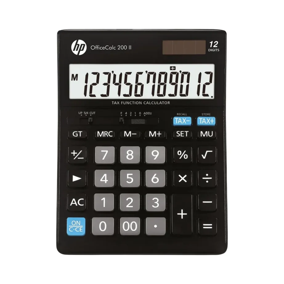 Hewlett-Packard HPKOC200II 12-kohaline taskukalkulaator, 179x125x30 mm, must, päikese- ja CR2032 toitel, 3 mälukohta