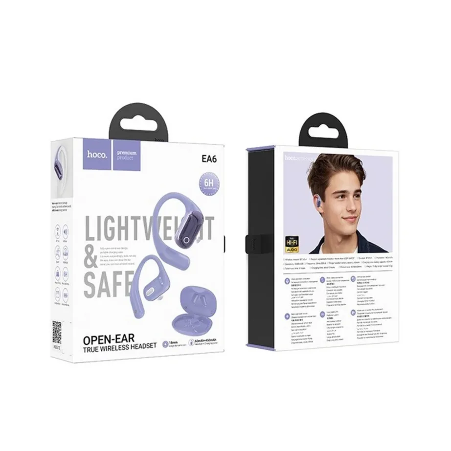 Hoco EA6 Bluetooth 5.4 avatud disainiga juhtmevaba peakomplekt, lilla, laadimiskarbiga, muusika ja kõnede jaoks – 4
