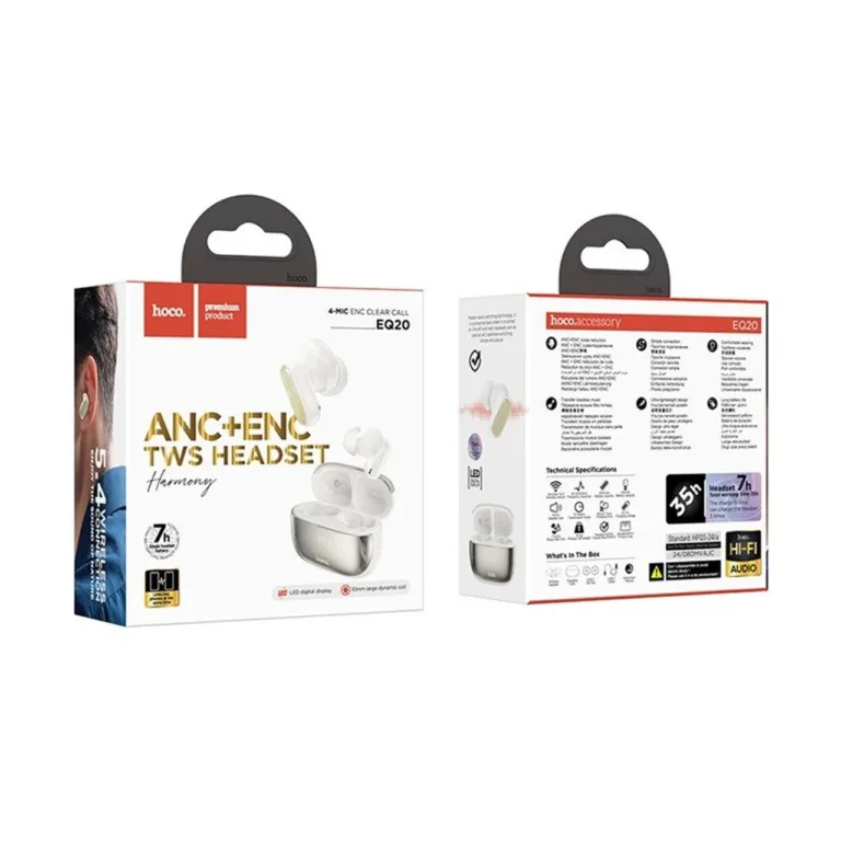 Hoco EQ20 Rhyme valged juhtmevabad in-ear Bluetooth 5.4 kõrvaklapid ANC ja LED-ekraaniga, laadimiskarbiga (7 h kõneaega)