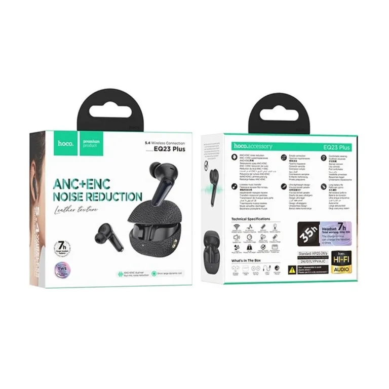 HOCO EQ23 PLUS II juhtmevabad in-ear Bluetooth 5.4 mustad kõrvaklapid mürasummutuse ja laadimiskarbiga, 7 h kõneaeg, muusika/kõnede jaoks