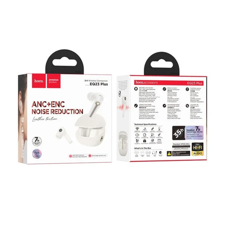 Hoco EQ23 Plus II valged in-ear juhtmevabad Bluetooth 5.4 mürasummutusega kõrvaklapid 6h/7h kõne- ja muusikaajaga laadimiskarbiga