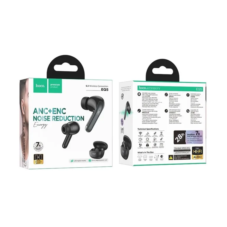 Hoco EQ5 5.3 Bluetooth mustad in-ear juhtmevabad kõrvaklapid aktiivse mürasummutusega, laadimiskarbiga, 7 tundi kõneaega