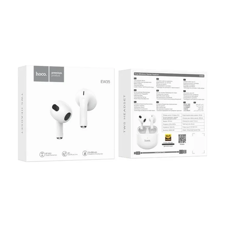 Hoco EW35 valged Bluetooth 5.3 in-ear juhtmevabad kõrvaklapid kõnedele ja muusika kuulamiseks laadimiskarbiga