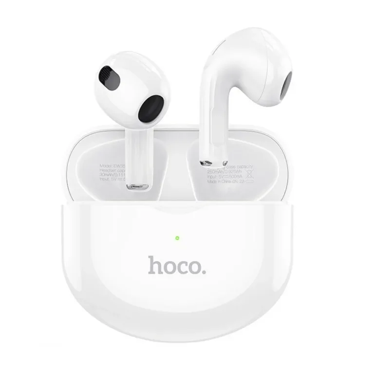 Hoco EW35 valged Bluetooth 5.3 in-ear juhtmevabad kõrvaklapid kõnedele ja muusika kuulamiseks laadimiskarbiga