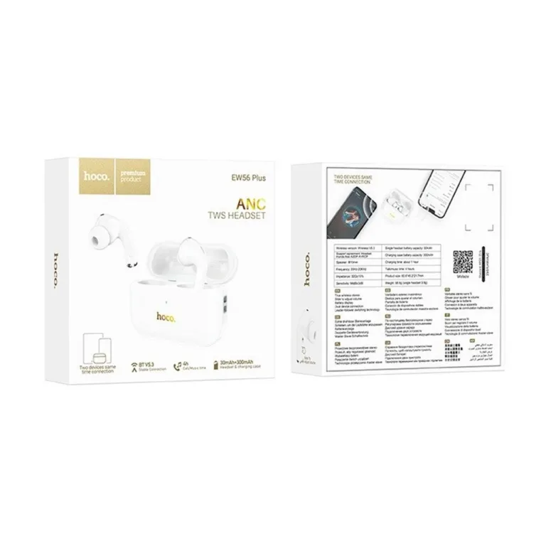 Hoco EW56 Plus valged in-ear juhtmevabad Bluetooth 5.3 aktiivse mürasummutusega kõrvaklapid laadimiskarbiga, kõnedeks ja muusikaks