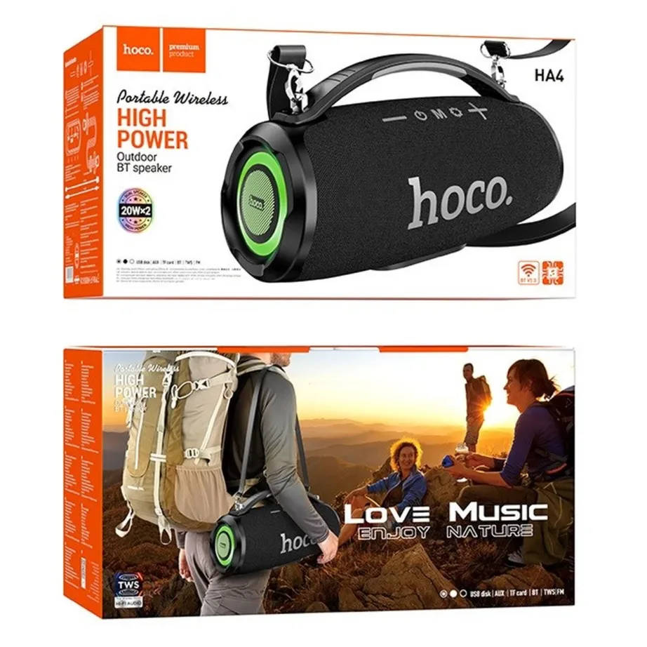HOCO HA4 2x20W must kaasaskantav Bluetooth 5.3 kõlar RGB valgustusega, FM, TF, USB, AUX, 4500 mAh aku – 5