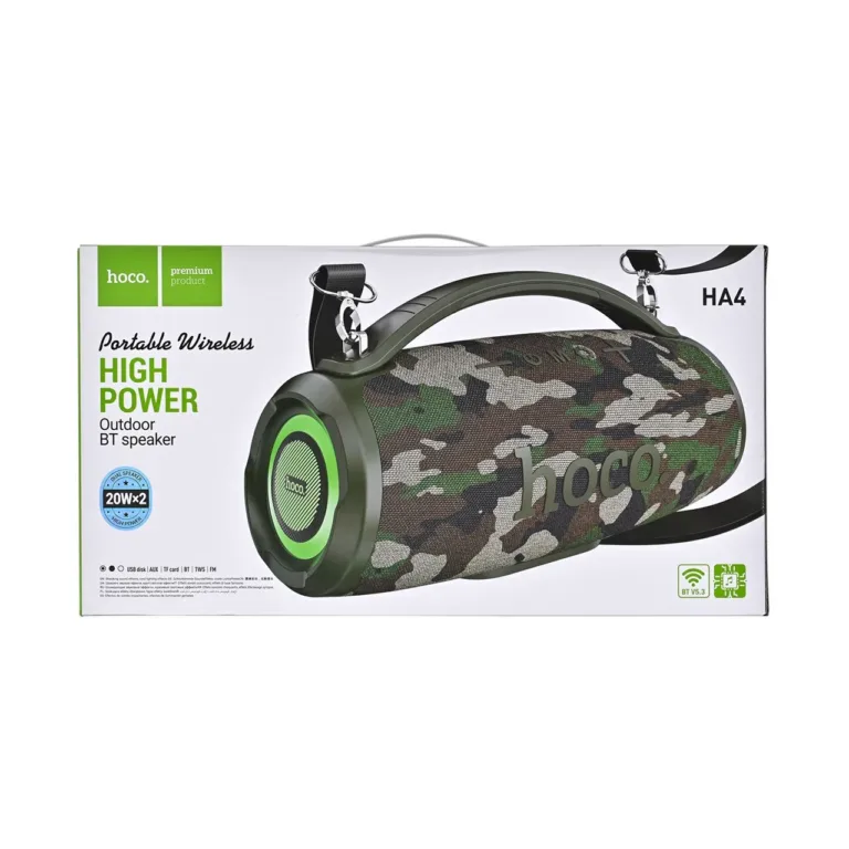 HOCO HA4 40W kaasaskantav roheline moro Bluetooth-kõlar, 4500 mAh aku, FM, USB, TF, AUX, RGB valgus, käepidemega, 351x146x182 mm
