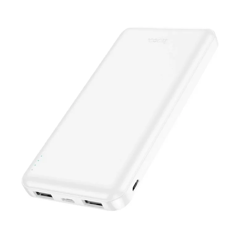 HOCO J100 10000 mAh valge kaasaskantav akupank, Li-Po, 2xUSB, LED-indikaator, 136x68x15 mm, 220 g