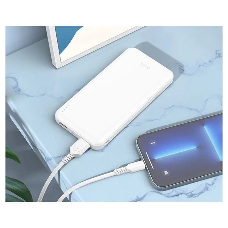 HOCO J100 10000 mAh valge kaasaskantav akupank, Li-Po, 2xUSB, LED-indikaator, 136x68x15 mm, 220 g