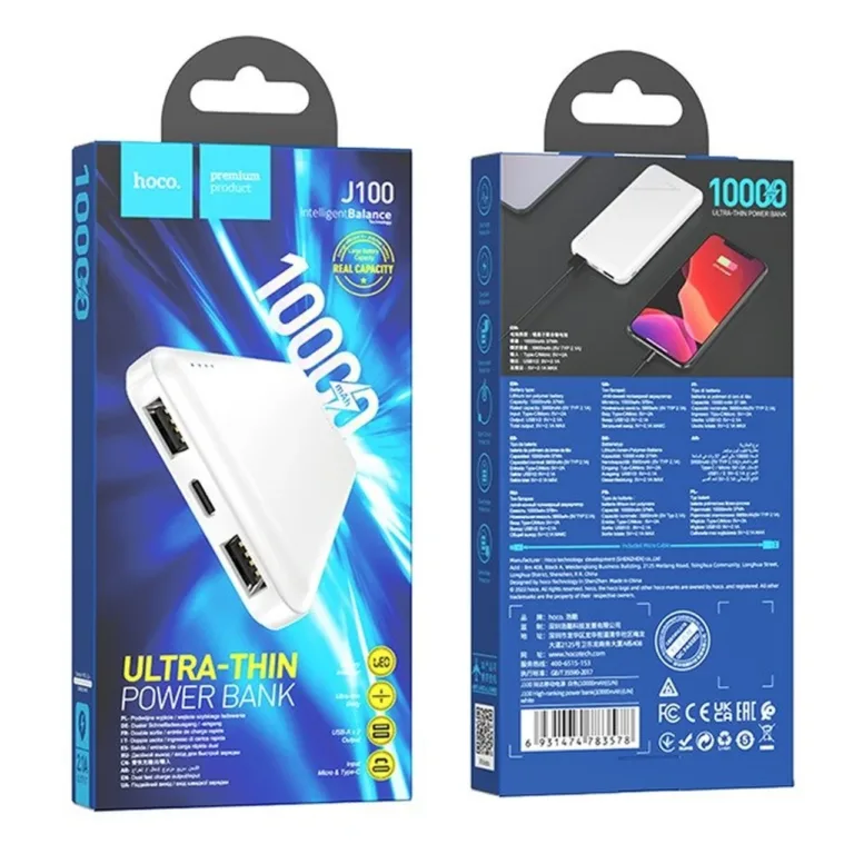 HOCO J100 10000 mAh valge kaasaskantav akupank, Li-Po, 2xUSB, LED-indikaator, 136x68x15 mm, 220 g