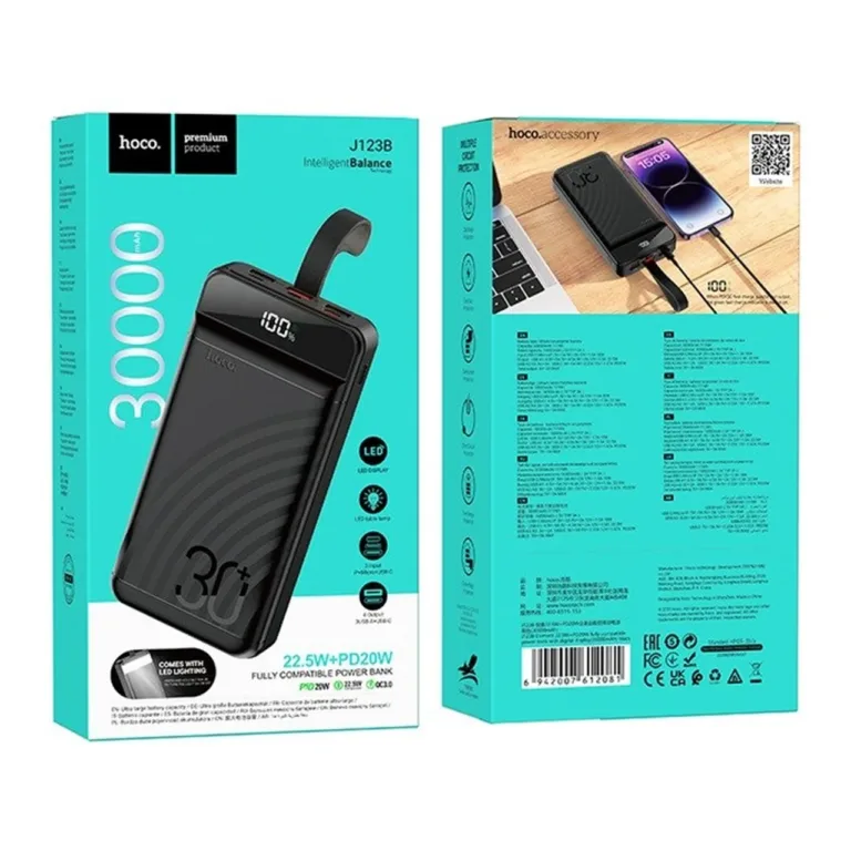 HOCO J123B 30000mAh must liitium-polümeer akupank LED-ekraaniga, USB-A/C, öövalgus, 168x83x33 mm
