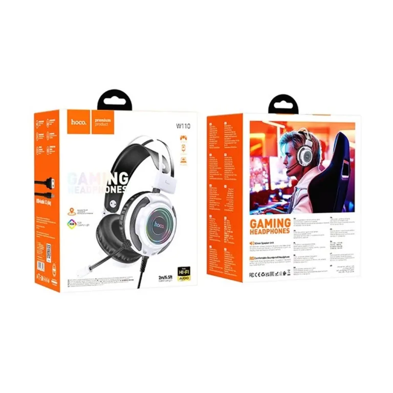 Hoco W110 50 mm juhtmega valge/must mängurikomplekt USB/3,5 mm, RGB valgusefektidega, üle kõrva, sisseehitatud mikrofon