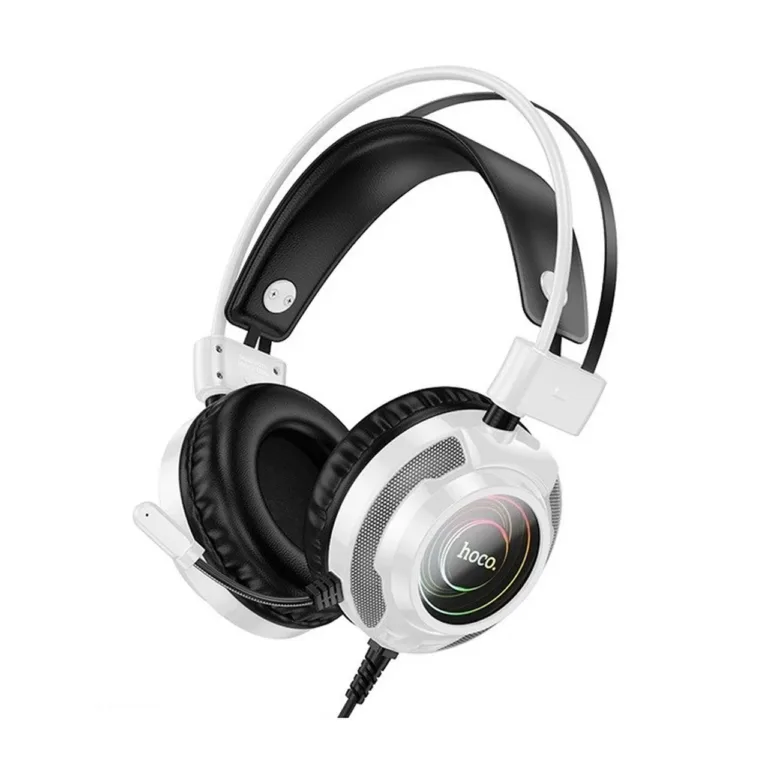 Hoco W110 50 mm juhtmega valge/must mängurikomplekt USB/3,5 mm, RGB valgusefektidega, üle kõrva, sisseehitatud mikrofon