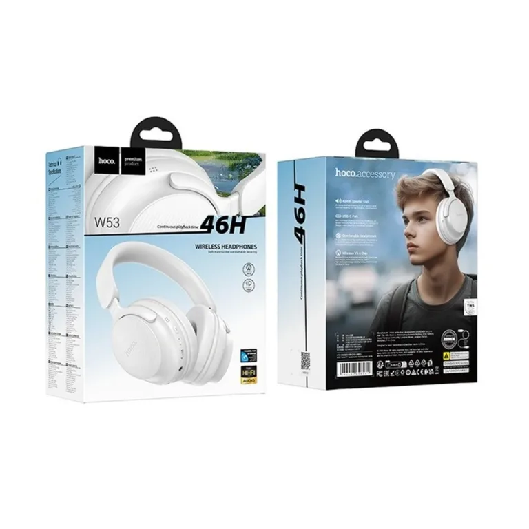 HOCO W53 198x153x81 mm valged juhtmevabad Bluetooth 5.4 on-ear kõrvaklapid, 46 h aku, USB-C, AUX