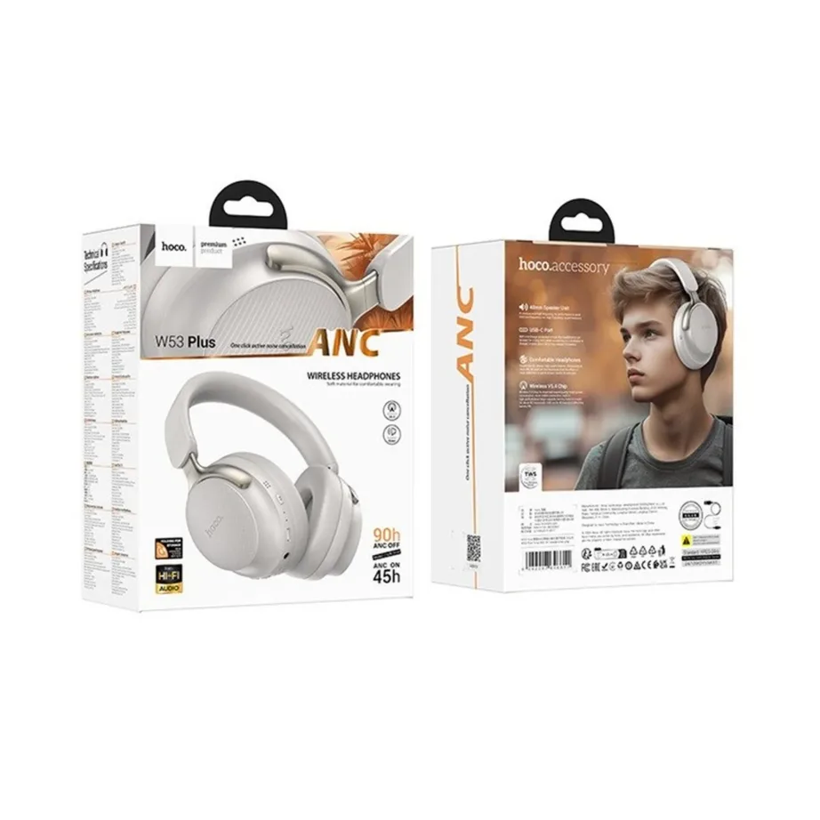 Hoco W53 Plus 198 mm hall juhtmevaba Bluetooth 5.4 on-ear peakomplekt ANC ja 90 h aku, ear-hook, USB-C laadimisega – 5