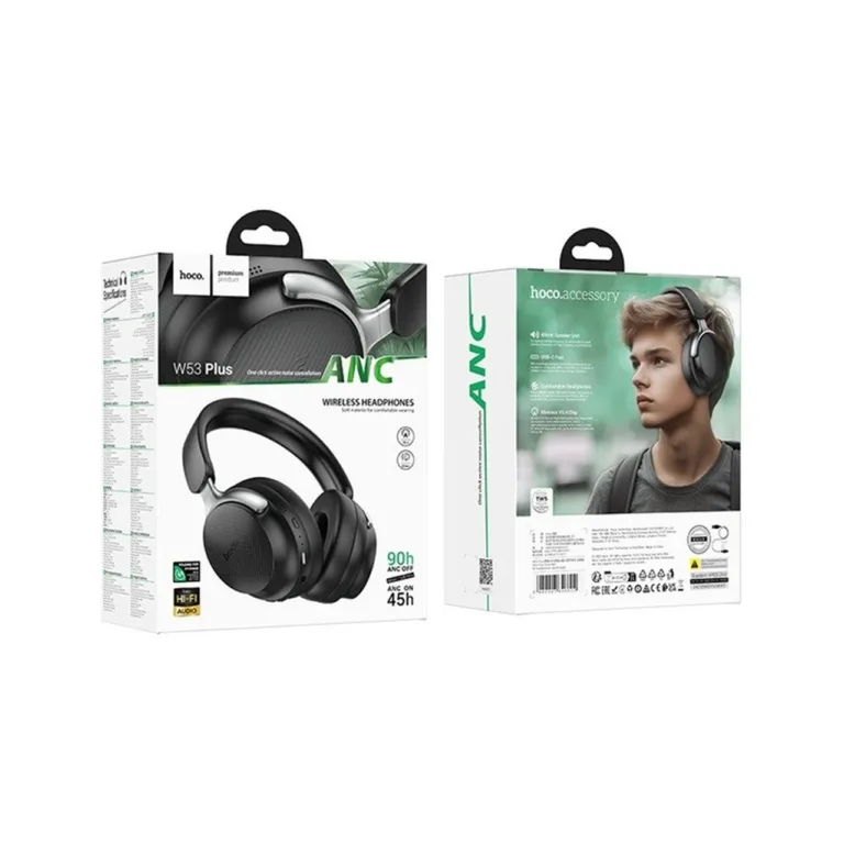 Hoco W53 Plus must juhtmevaba on-ear Bluetooth 5.4 kõrvaklappide komplekt ANC, 90 h aku, AUX, USB-C