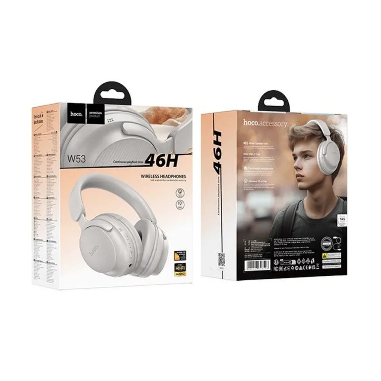 Hoco W53T 46 h juhtmevabad Bluetooth 5.4 on-ear hallid kõrvaklapid mikrofoniga, USB-C laadimine ja AUX-sisend