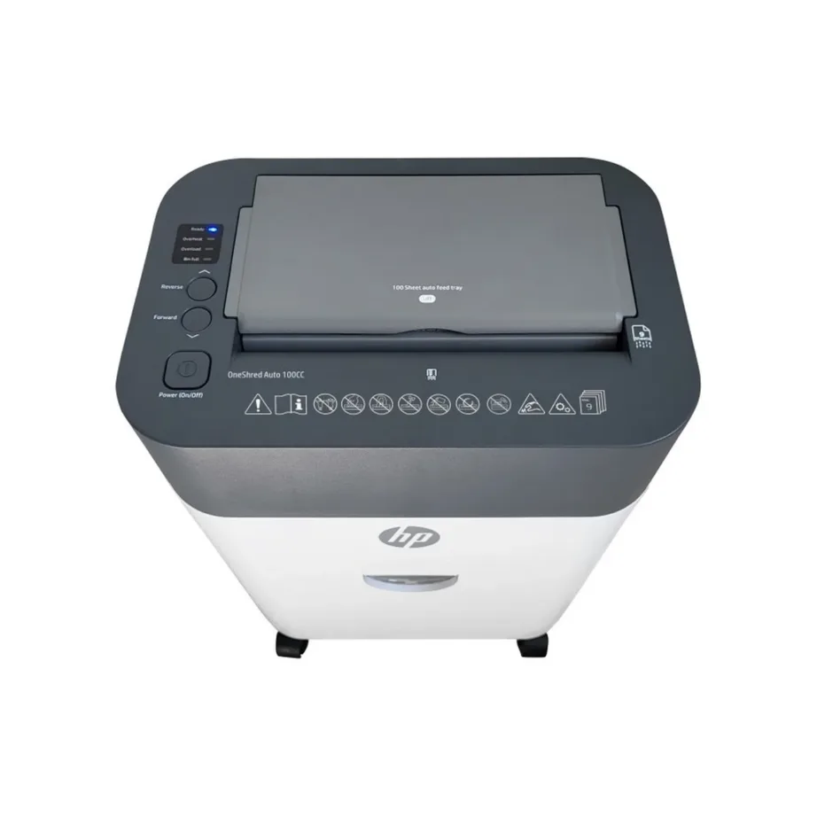 HP ONESHRED Auto 100CC 17L valge-hall mikrolõikega paberihunt, P-4, automaatse toitesöötjaga, 100 lehe hävitusvõime, 331x218x502 mm – 2