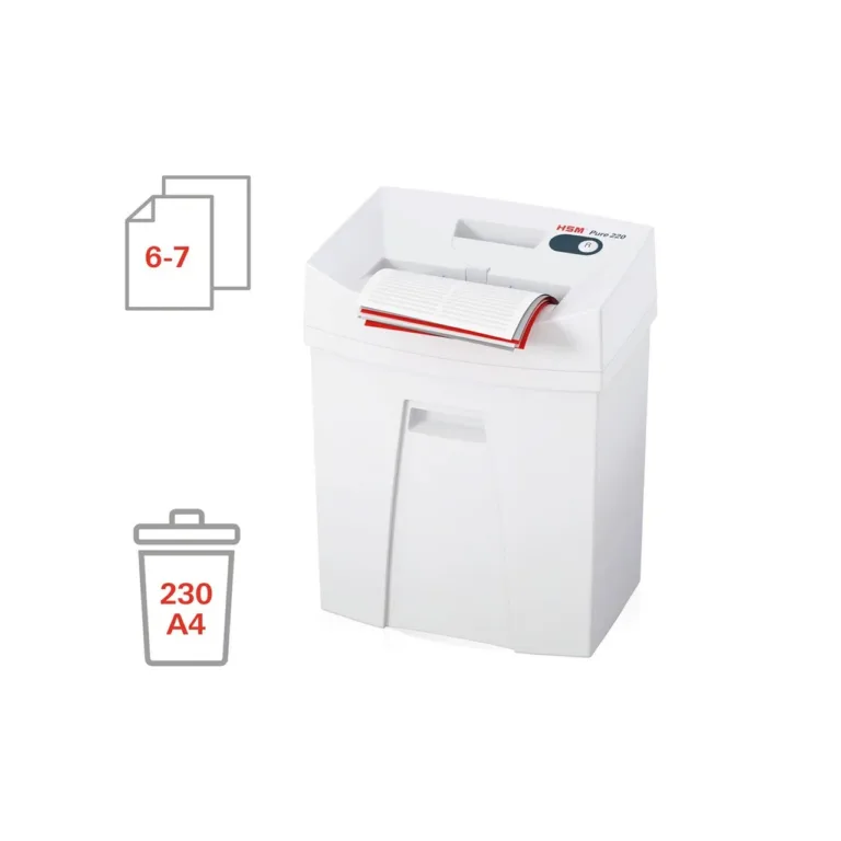 HSM Pure 220 valge 22,5 cm P-4 paberipurustaja, 7 lehte, osakesteks lõikamine, A4 ja krediitkaartidele
