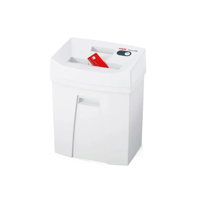 HSM Pure 220 valge 22,5 cm P-4 paberipurustaja, 7 lehte, osakesteks lõikamine, A4 ja krediitkaartidele