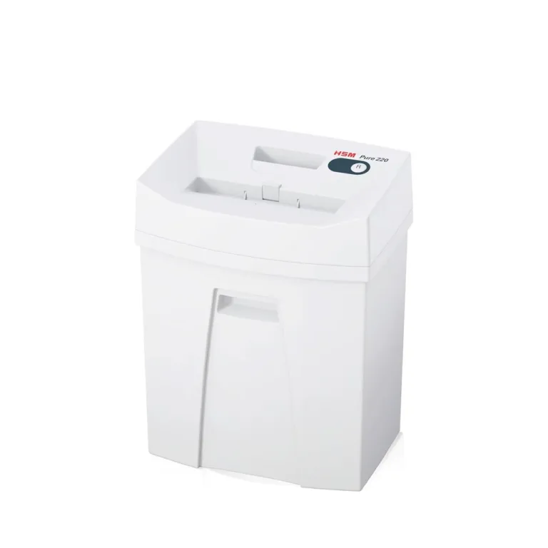 HSM Pure 220 valge 22,5 cm P-4 paberipurustaja, 7 lehte, osakesteks lõikamine, A4 ja krediitkaartidele