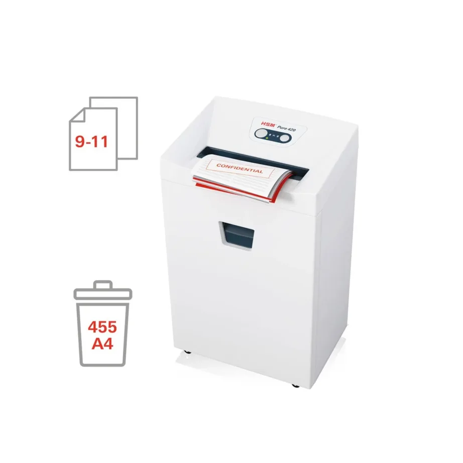 HSM Pure 420 valge paberipurustaja 24 cm, 1,9×15 mm, 35 l, P-5 turvatase, klambrite ja krediitkaartide hävitus – 4