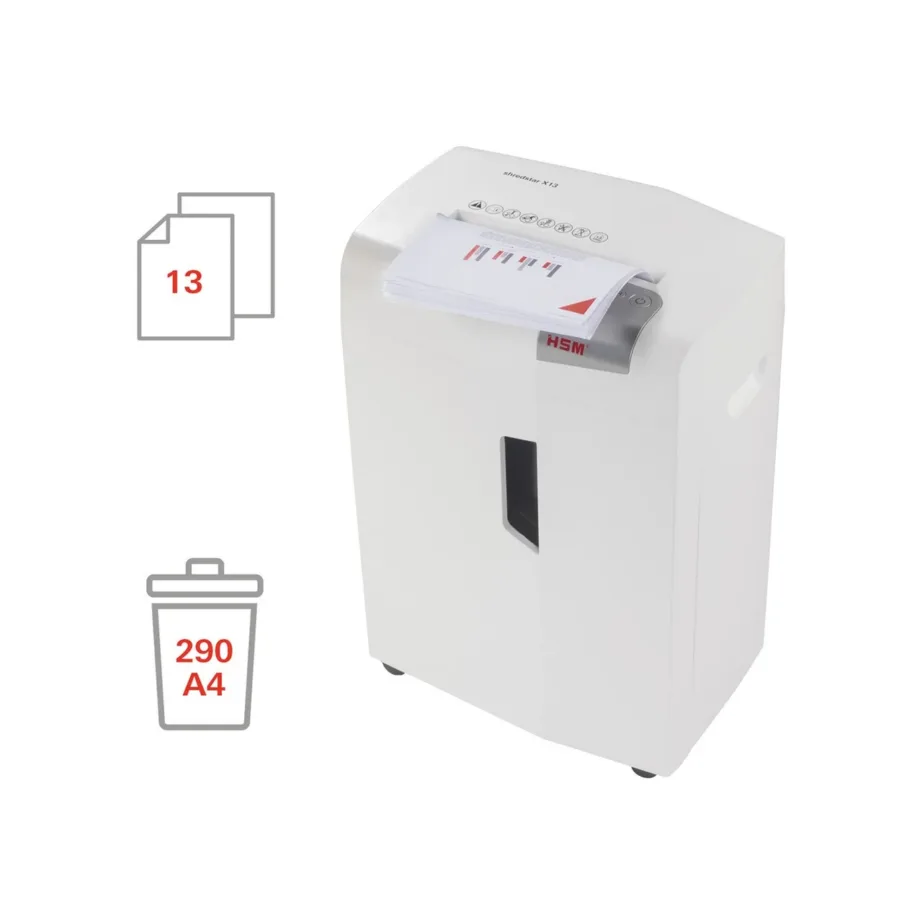 HSM shredstar X13 13-leheline 4×37 mm osakesteks lõikav dokumentide ja CD-de hävitaja 23 L hõbe/valge, 390x300x595 mm – 4