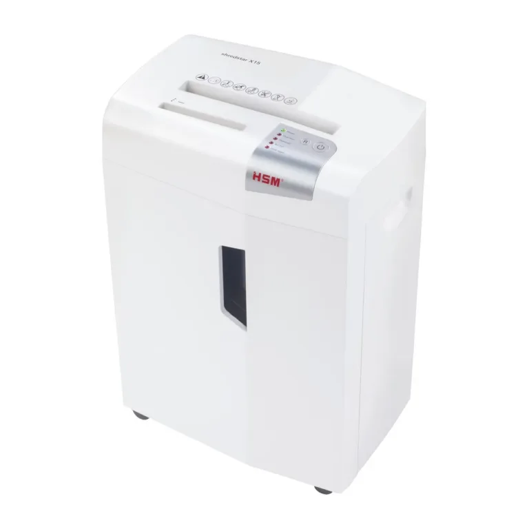 HSM shredstar X15 23 cm 16-leheline 4x37 mm osakesteks lõikav 26L ratastel dokumendipurustaja, CD ja kaartide hävitus, P-4 turbetase, hõbe/valge
