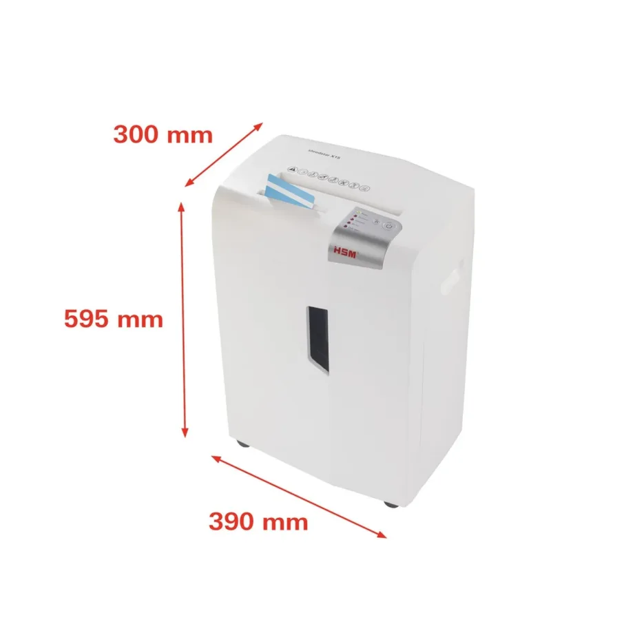 HSM shredstar X15 23 cm 16-leheline 4×37 mm osakesteks lõikav 26L ratastel dokumendipurustaja, CD ja kaartide hävitus, P-4 turbetase, hõbe/valge – 3