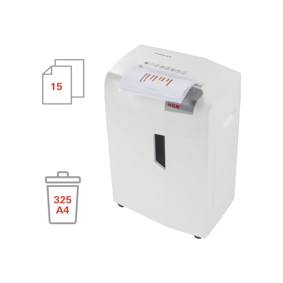 HSM shredstar X15 23 cm 16-leheline 4×37 mm osakesteks lõikav 26L ratastel dokumendipurustaja, CD ja kaartide hävitus, P-4 turbetase, hõbe/valge – 4