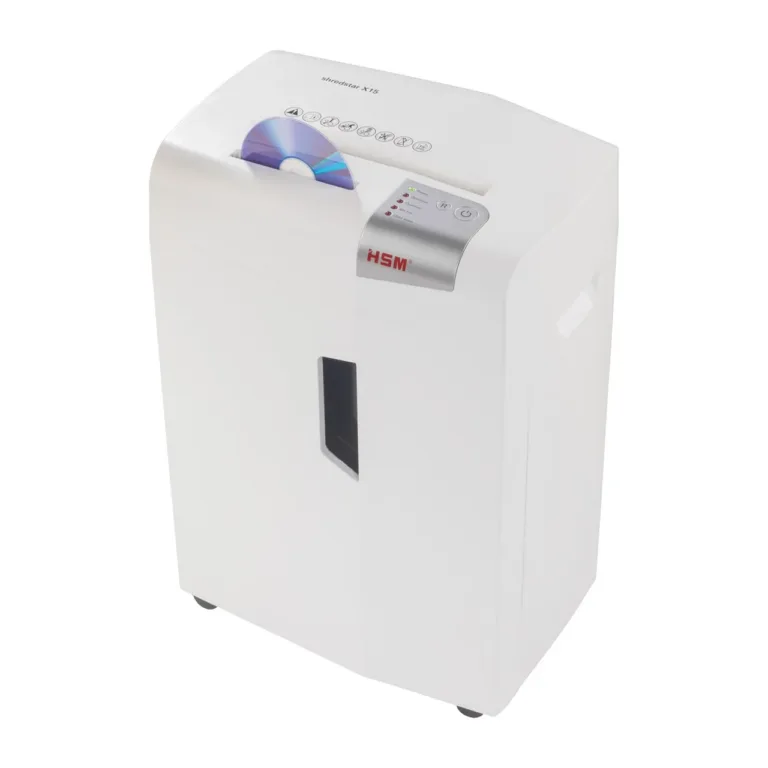 HSM shredstar X15 23 cm 16-leheline 4x37 mm osakesteks lõikav 26L ratastel dokumendipurustaja, CD ja kaartide hävitus, P-4 turbetase, hõbe/valge