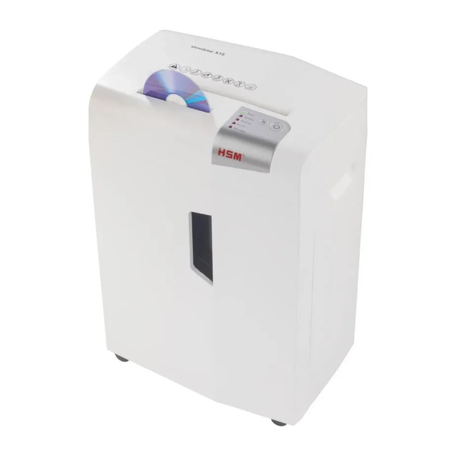 HSM shredstar X15 23 cm 16-leheline 4×37 mm osakesteks lõikav 26L ratastel dokumendipurustaja, CD ja kaartide hävitus, P-4 turbetase, hõbe/valge – 7