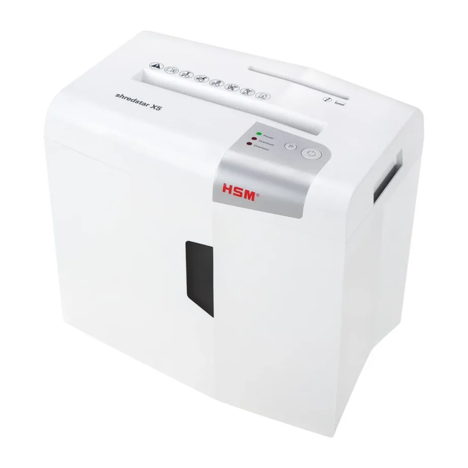 HSM Shredstar X5 4,5×30 mm valge/hõbedane paberipurustaja 18L, CD ja krediitkaartide hävitus, P-4 turbetase, 22 cm töölaius – 2