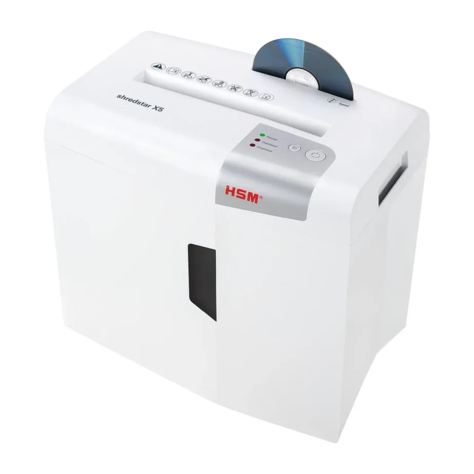 HSM Shredstar X5 4,5×30 mm valge/hõbedane paberipurustaja 18L, CD ja krediitkaartide hävitus, P-4 turbetase, 22 cm töölaius – 7